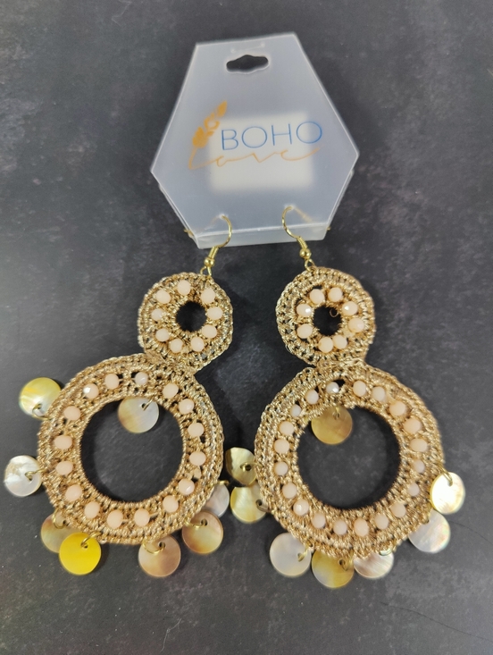 Private Label Jewelry - Boho Statement Beaded Drop Earrings Gold Peach Shell Disc Dangle NWT